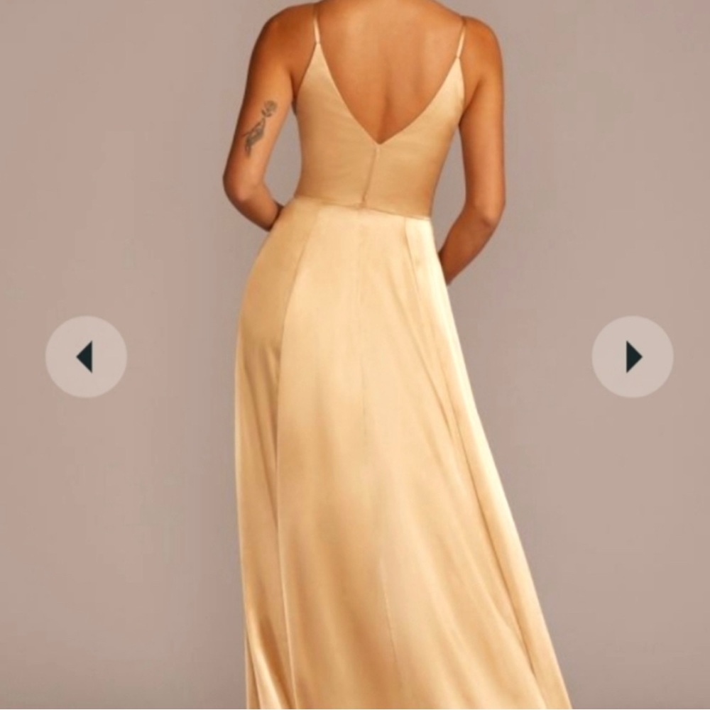 David's Bridal GOLDEN SATIN V-Neck Spaghetti Strap Formal Gown Event Maxi Dress - Picture 10 of 12